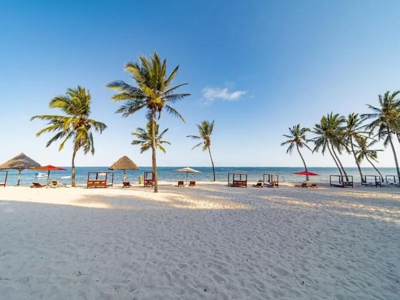 Prostrana peščena plaža z ležalniki in palmami pred hotelom